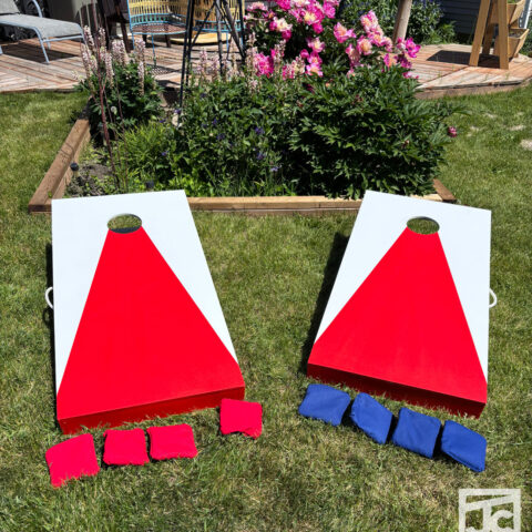 JC2 White with red painted wood cornhole games