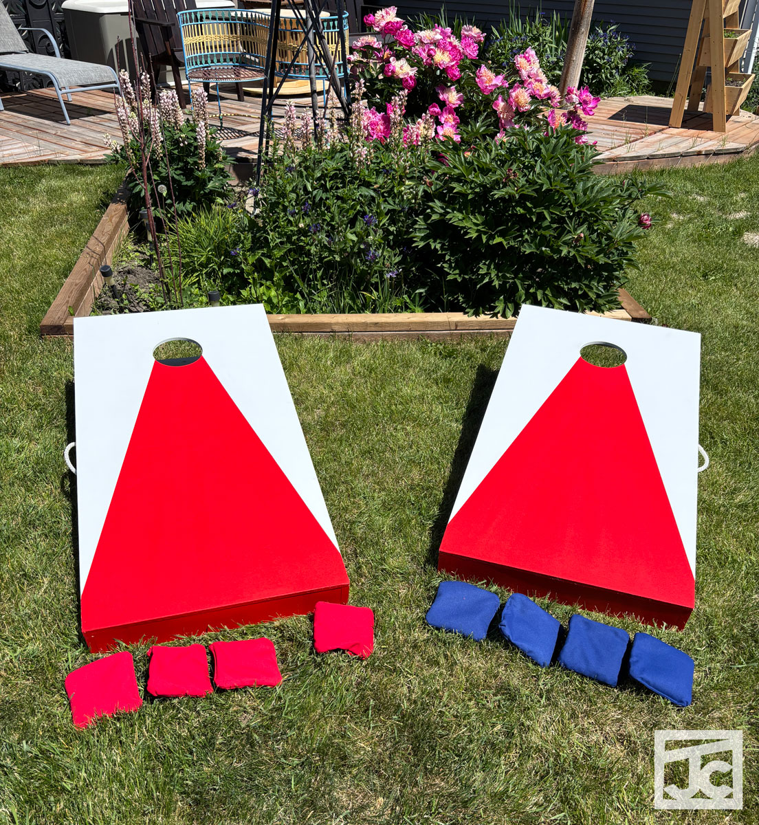 JC2 White with red painted wood cornhole games